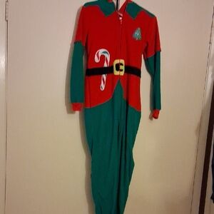 Festive Elf Kids One Piece Pajama With Hoodie - Red and Green